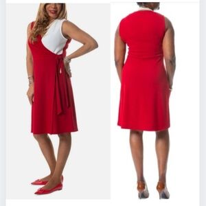 NWT Kasper 2X Dress Surplice Faux Wrap Sleeveless Red Ivory 2908-Bj